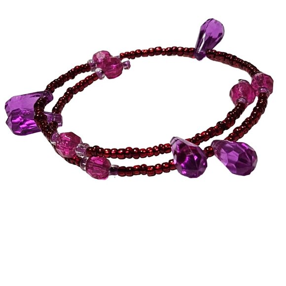 Retro 80s Colorful Beaded Stretch Coil Wrap Bracelet With Purple Red Beads - Picture 2 of 4